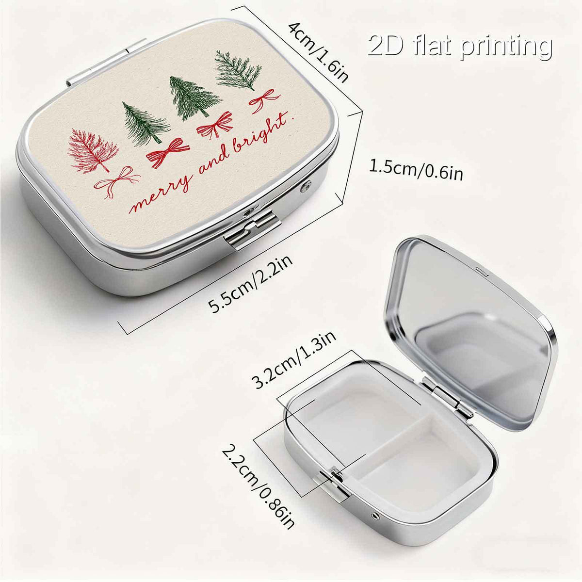 1-piece 2D flat-printed pill box, portable/metal, featuring a handwritten Christmas tree greeting in an elegant, artistic layout; mini pill box, compact and creative trinket box, compartmentalized storage, practical gift