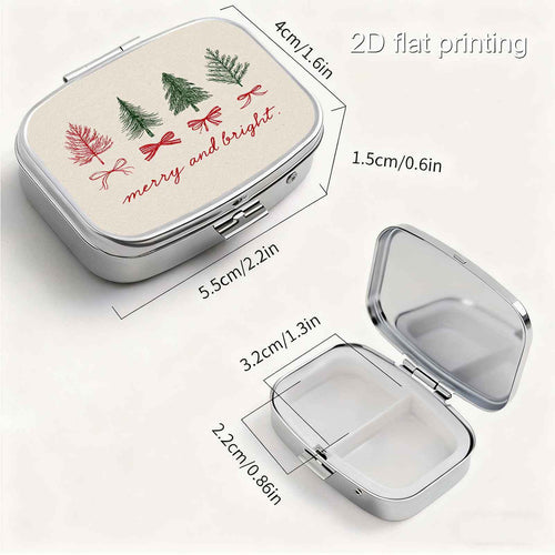 1-piece 2D flat-printed pill box, portable/metal, featuring a handwritten Christmas tree greeting in an elegant, artistic layout; mini pill box, compact and creative trinket box, compartmentalized storage, practical gift