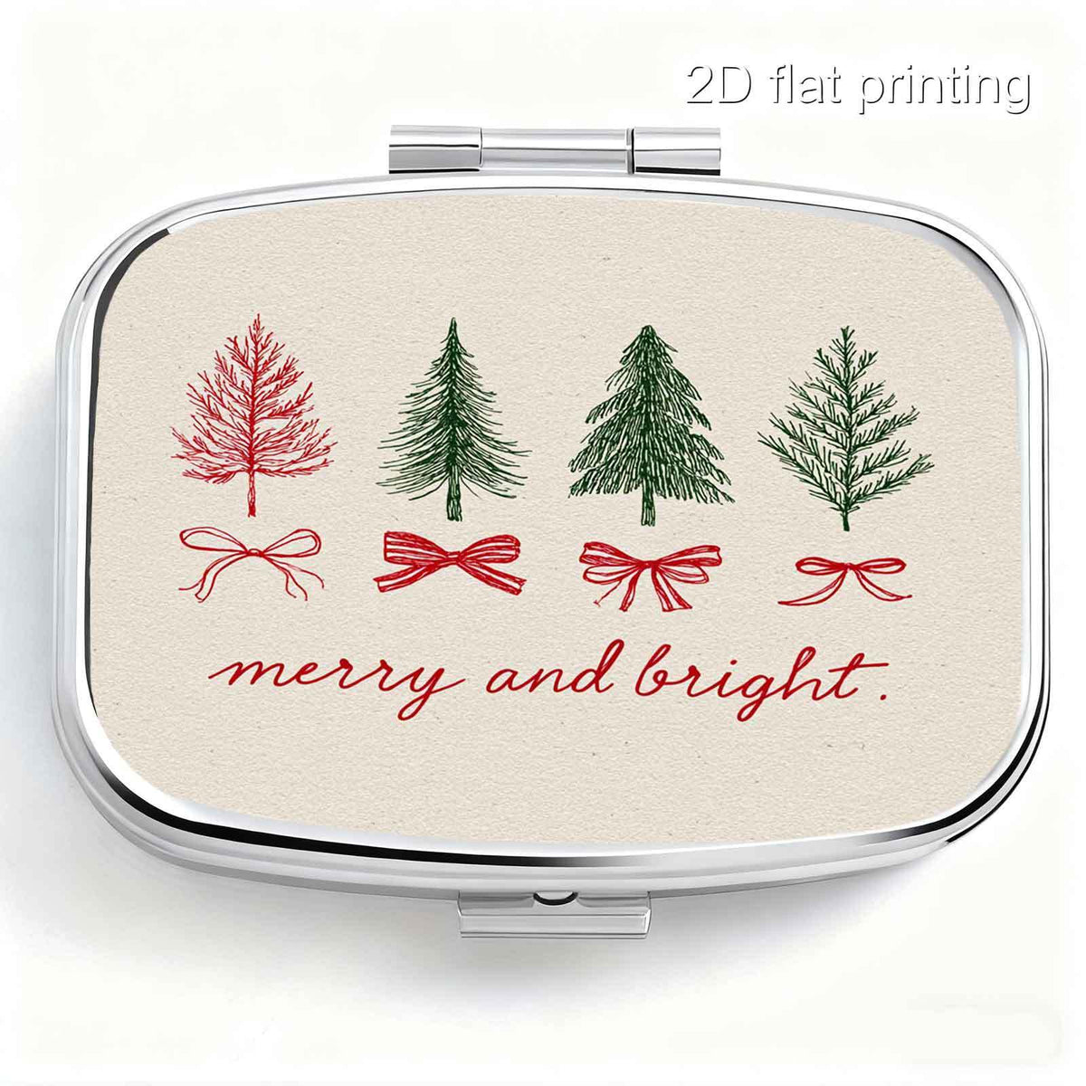 1-piece 2D flat-printed pill box, portable/metal, featuring a handwritten Christmas tree greeting in an elegant, artistic layout; mini pill box, compact and creative trinket box, compartmentalized storage, practical gift
