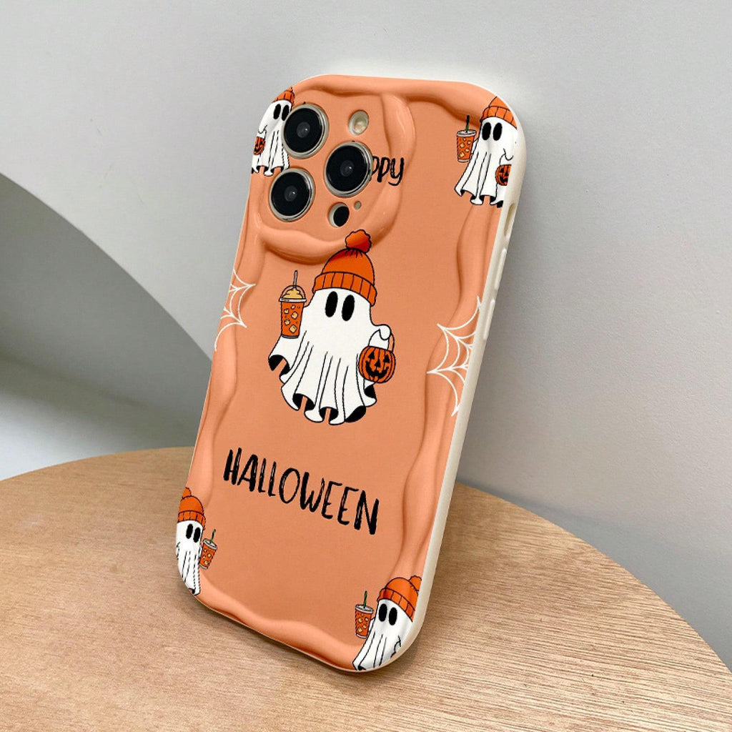 Halloween orange cartoon ghost phone case with hat, featuring a ghost holding a pumpkin lantern and decorated with spider webs. Suitable for 18/17/16/15/14/13/12/11/Plus/Pro/ProMax/Air, S22/23/24/25/26, birthday gifts, holiday gifts, couple phone cases