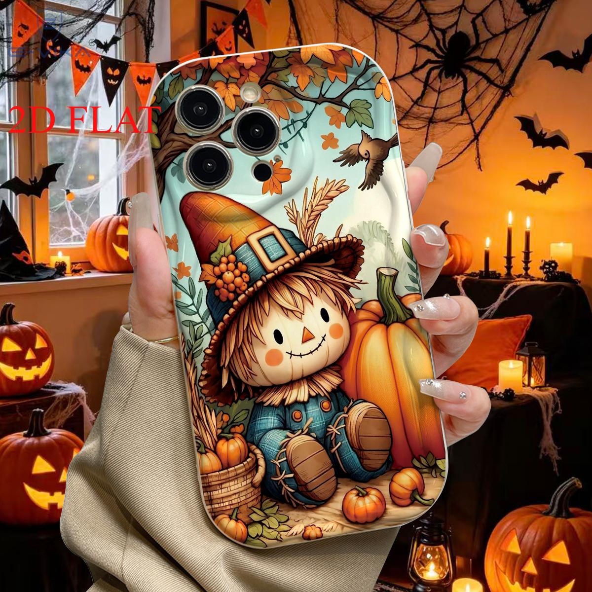 Healing Autumn Theme Phone Case Countryside Scarecrow Pumpkin Wheat Ear Fallen Leaves Flying Birds Autumn Harvest Print is the best choice for Halloween gifts, suitable for 18/17/16/15/14/13/12/11/Plus/Pro/ProMax/Air, S22/23/24/25/26, birthday gifts