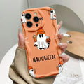 Halloween orange cartoon ghost phone case with hat, featuring a ghost holding a pumpkin lantern and decorated with spider webs. Suitable for 18/17/16/15/14/13/12/11/Plus/Pro/ProMax/Air, S22/23/24/25/26, birthday gifts, holiday gifts, couple phone cases
