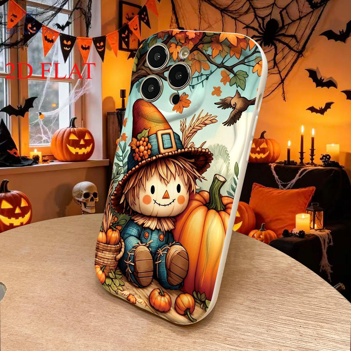 Healing Autumn Theme Phone Case Countryside Scarecrow Pumpkin Wheat Ear Fallen Leaves Flying Birds Autumn Harvest Print is the best choice for Halloween gifts, suitable for 18/17/16/15/14/13/12/11/Plus/Pro/ProMax/Air, S22/23/24/25/26, birthday gifts